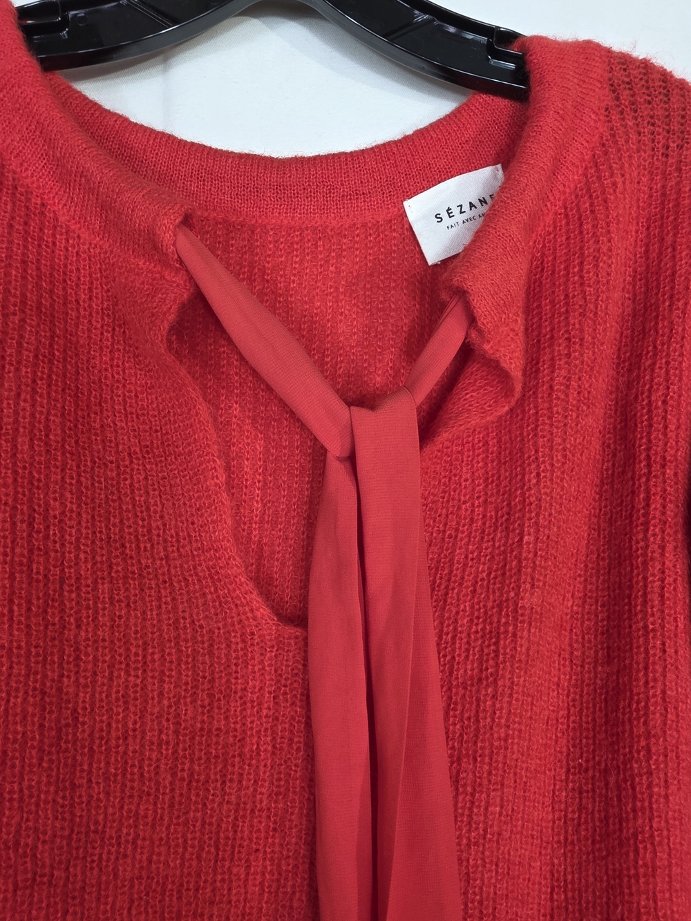 Sezane Red Tie-Neck Scoop Sweater with front Neck Tie - Picture 8 of 12